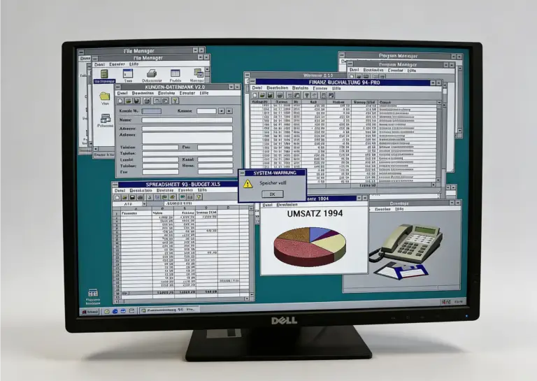 Retro-Computerbildschirm mit mehreren klassischen Windows-Programmen aus den 1990er-Jahren, darunter Datenbank, Tabellenkalkulation und Umsatzdiagramm