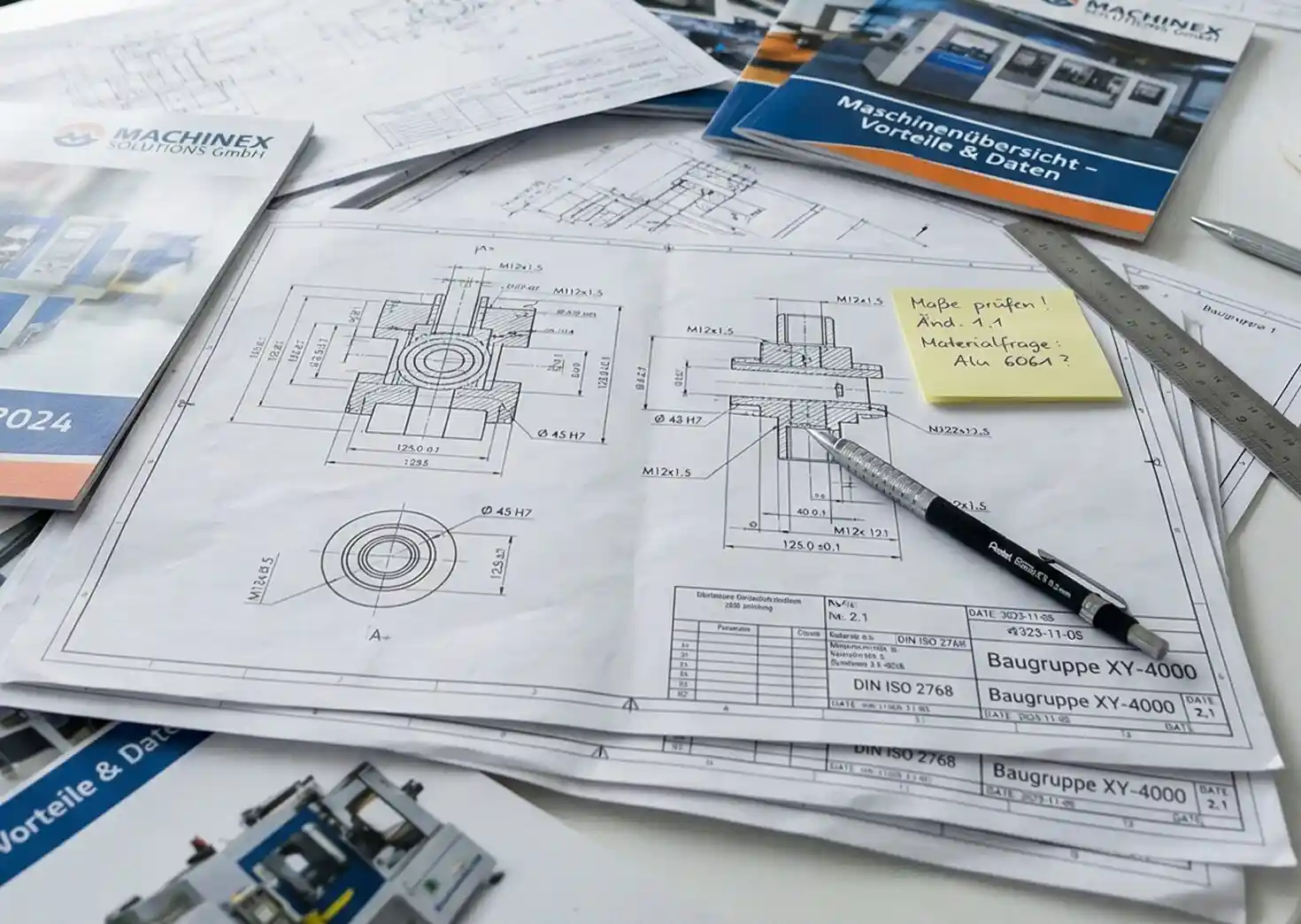 Technische Zeichnungen und Produktunterlagen einer Maschinenbaugruppe als Grundlage für digitale Produktkommunikation von ice space Studios