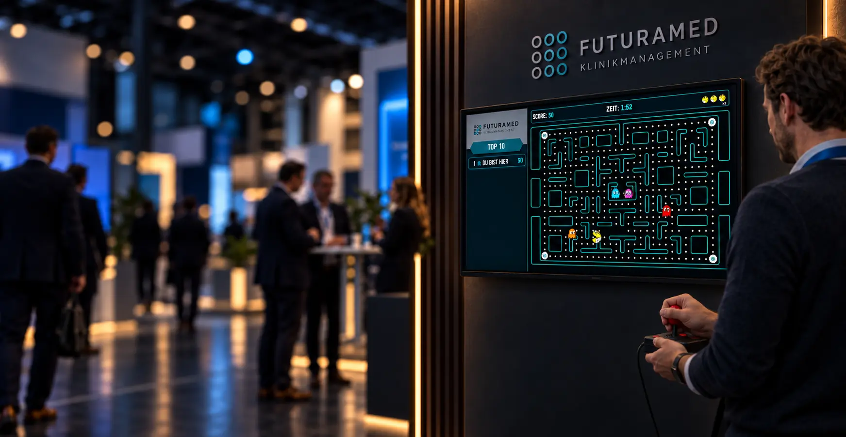Pac Man mit Joystick am Messestand